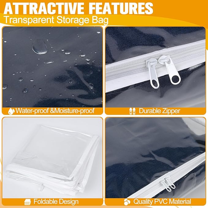 Plastic Storage Bags with Easy-Glide Zipper, Pack of 6, Durable Clear Vinyl Zippered Storage Bags for Clothes Sweaters Comforters Blankets Sheets Bedding (10.5 x 10.5 x 2.5 Inch)