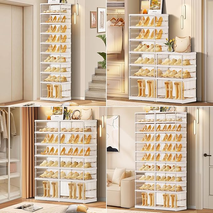 CIMLORD 3-Tier Foldable Shoe Rack for Closet Entryway 6-12Pairs,Stackable Clear Shoe Storage Boxes Organizer with Door Plastic Small Shoe Cabinet Bins with Lids Shoes Shelf Easy Assembly White