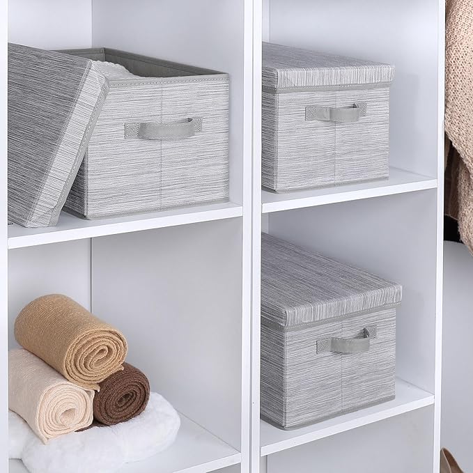 WUIKE Storage Bins with Lids, Collapsible Stackable Storage Bins with Handles, Clothing Storage Containers for Closet, Fabric Shelf Baskets, Large, Light Gray/Slub Gray, 3-Pack