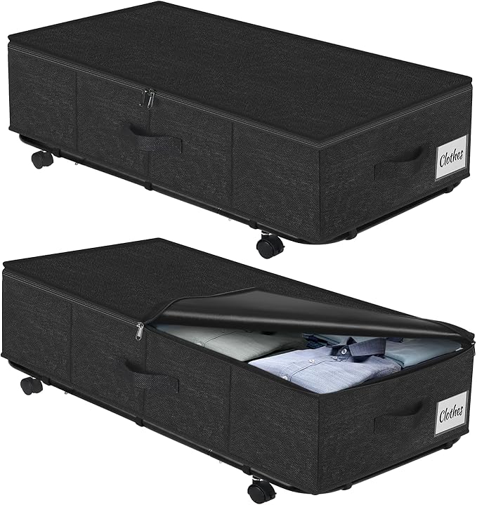 Large Sturdy Under Bed Storage with Wheels, 2 Pack 50L Rolling Underbed Storage Bins, Under Bed Containers Drawer with Metal Bottom Support, Bedroom Organizer with Lids for Clothes, Shoes, Blankets