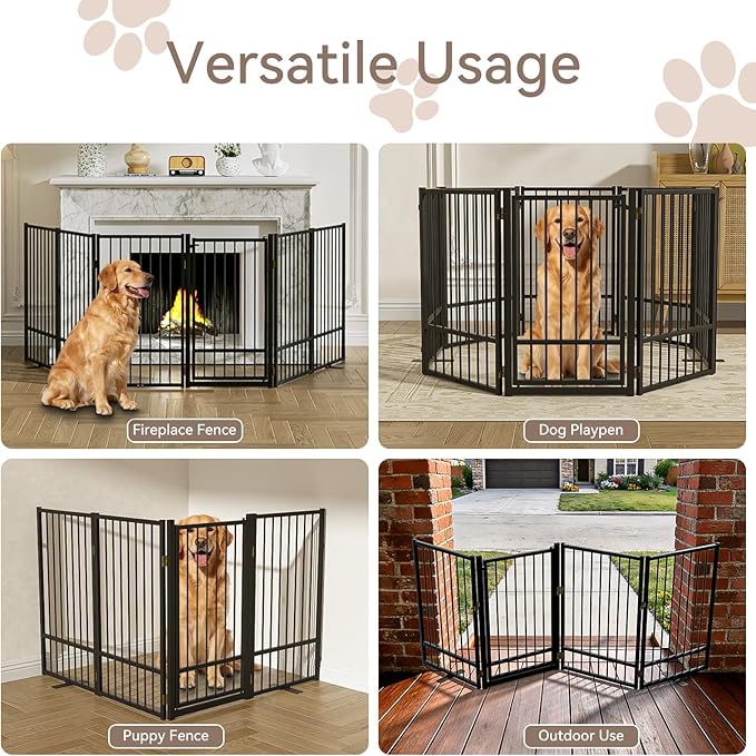 Full Metal Freestanding Dog Gate with Door, 32''Height Foldable Pet Dog Fence for Indoor & Outdoor, 6 Panels Extra Wide Free Standing TallDog Gates for Doorways,House,Stairs,Porch,Deck,Yard