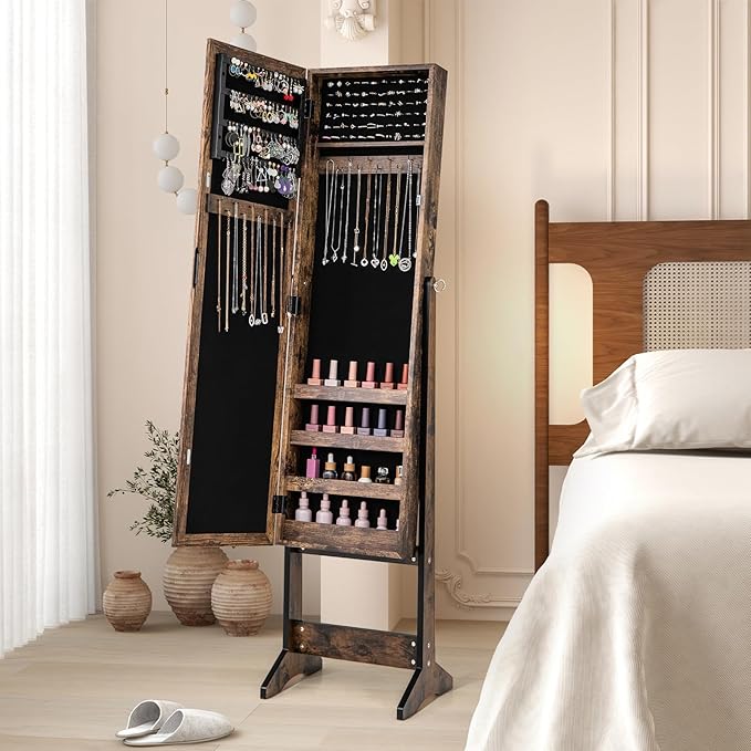 COSTWAY Jewelry Armoire Cabinet, Standing Jewelry Organizer with Full-length Mirror & 3 Adjustable Angles, Large Storage Capacity Jewelry Cabinet for Bedroom, Dressing Room (Brown)