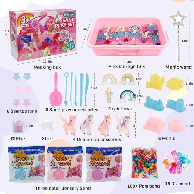 Volmop Unicorn Sensory Bin for Girl, 148pcs Play Sand Art Kit with Sandbox, 3.3lb Color Sand,Unicorn Tactile Sensory Toy for Girl Toddler Ages 3-8