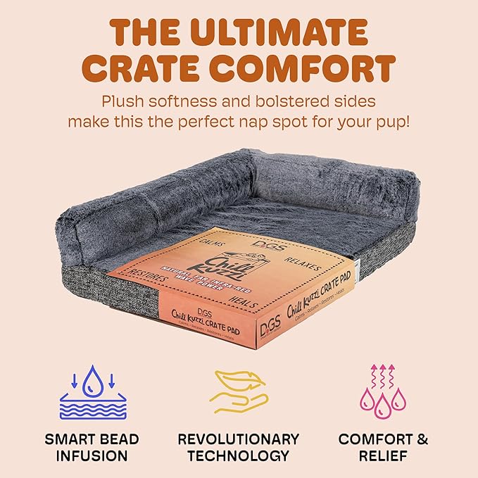 Dog Gone Smart Chill Kuzzi Dual Bolster Crate Pad - Washable Dog Bed Infused with Far Infrared Rays (FIR) -Supportive Plush Cushion for Crates, Travel, and Recovery - Slate Grey, Medium 18 x 29 Inches
