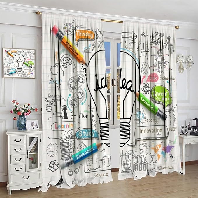 Science Symbols Kids Curtain Sketches Cartoon Chemistry Physics Geometry Education Pattern Print Window Drapes for Bedroom Living Room Kitchen Decor,2 Panel Set,42x45 Inch Blackout