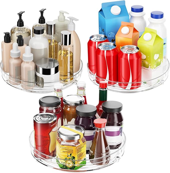 Optish 4 Pack 9.5" Lazy Susan Organizer, Lazy Susan Turntable for Cabinet, Spice Organization for Cabinet, Refrigerator, Pantry, Closet, Countertop, Non-Skid Turntable Organizer, Clear