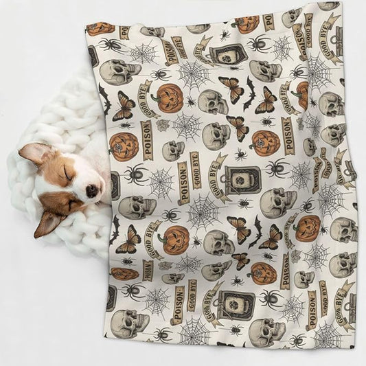 Two Sided Pet Cuddler Blanket for Anxiety Calming, Vintage Skull Skeleton Spider Web Witch Board Gothic, Reversible Plush Design with Bubble Dot Pattern Provides Familiar Surface Anywhere