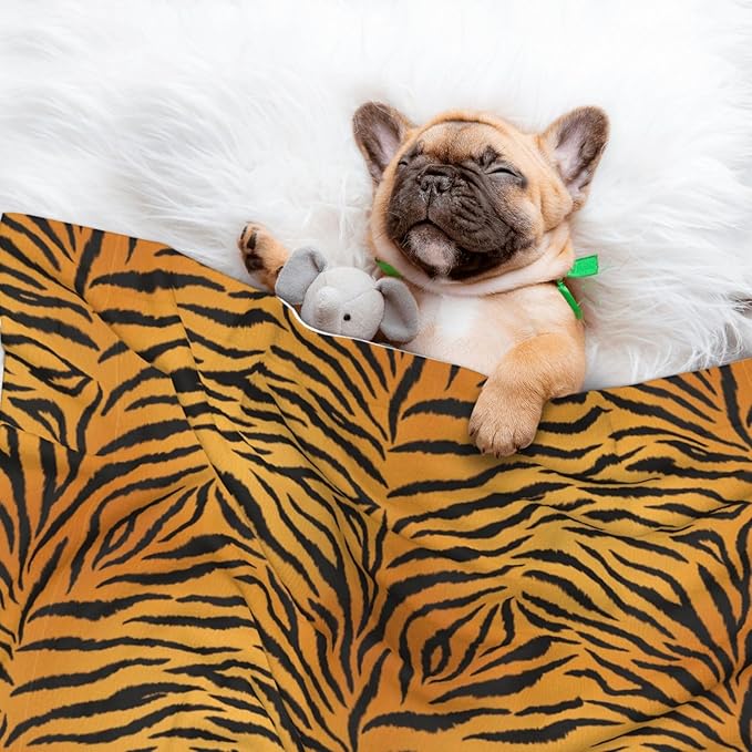 Two Sided Pet Cuddler Blanket for Anxiety Calming, Animal Print Tiger Black Gold, Reversible Plush Design with Bubble Dot Pattern Provides Familiar Surface Anywhere