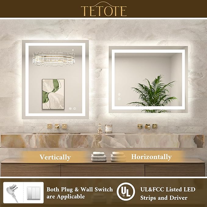 TETOTE LED Bathroom Mirror with Lights 28 x 36 Frontlit and Backlit Light up Mirror, Brighter Lighted Bathroom Mirror for Wall, 3-Color Anti Fog Mirror, Waterproof, Shatterproof Tempered Glass