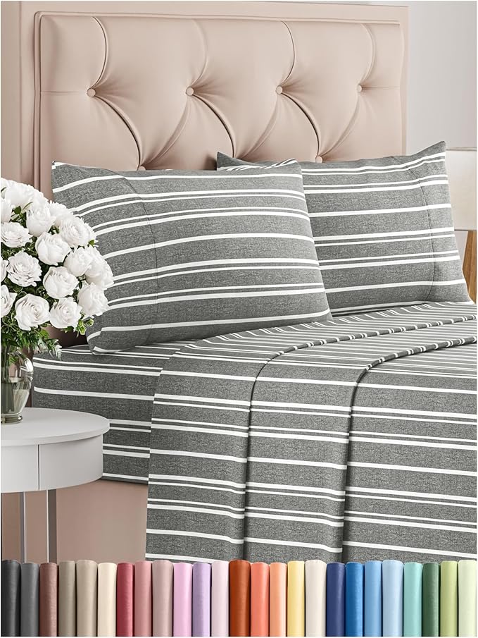 Queen Size 4 Piece Sheet Set - Comfy Breathable & Cooling Bed Sheets Set - Hotel Luxury Bedding for Women, Men, Kids, Teens, Boys & Girls - Deep Pockets, Soft, Wrinkle Free - Oeko-Tex - Grey Stripes 3
