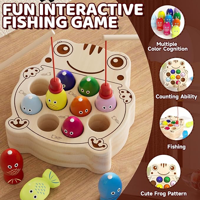 Wooden Magnetic Fishing Game for Toddlers 1-3, Montessori Sensory Busy Board Fine Motor Skills Toys for 1 2 3 Years Old Boys Girls (Frog B-Fish Game)