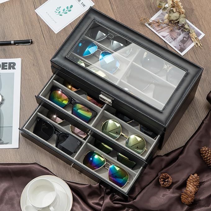 ProCase 3-layer Sunglasses Storage Organizer, 18 Slots Leather Sunglass Box Multiple Pairs Eyeglass Cases Eye Glass Eyewear Display Holder for Men Women, Father's Day Gift -Black