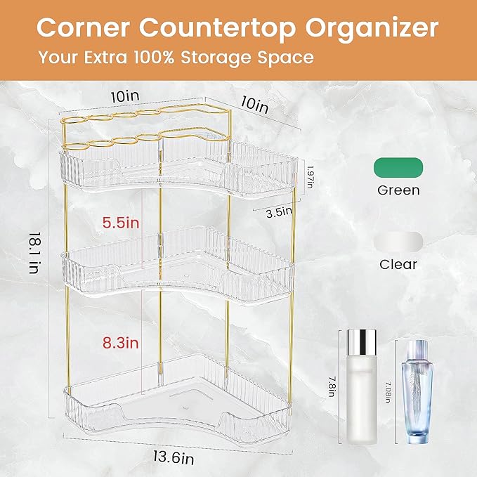 NATURE'S SOURCE Makeup Organizer for Vanity, 3-Tier Corner Bathroom Organizer Countertop with Makeup Brush Holder, Corner Counter Storage for Bathroom, Dresser, Kitchen（Clear