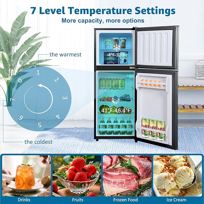 Mini Fridge with Freezer 4.9 Cu. Ft 2 Door Refrigerator, Dorm Fridge with 7 Adjustable Thermostat & Shelves, Compact Mini Refrigerator Freezer for RV, Kitchen, Office, Black