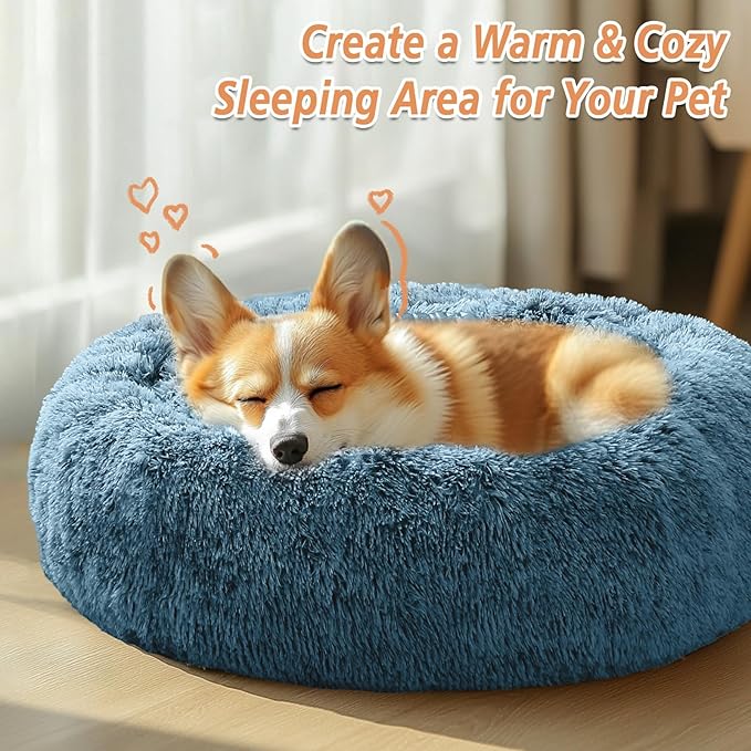 JOLLYVOGUE Medium Calming Dog Bed, Anti-Anxiety Donut Cuddler Cat Bed with Anti-Slip Bottom, Fluffy Faux Fur Machine Washable Pet Cushion for Medium Large Dog & Cat (31")