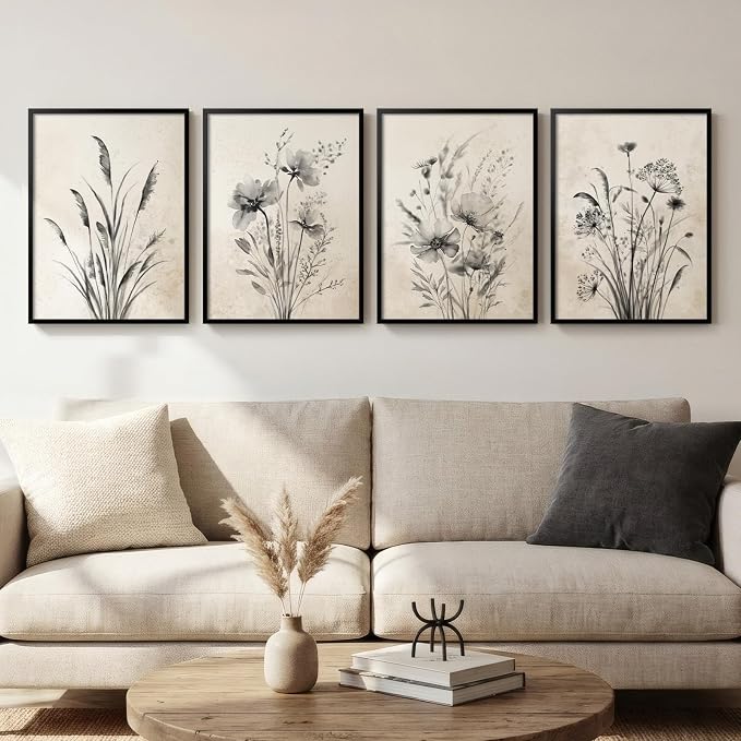 Framed Vintage Botanical Wall Art, 4 Piece Neutral Rustic Boho Floral Canvas