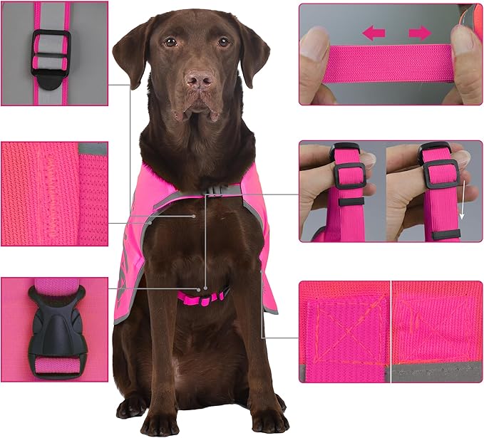 Pink Reflective Dog Vest Logo Small Breeds,High Visibility Dog Safety Vest Harness with Removable Bell Keep Safe from Hunting, Training & Cars Accidents