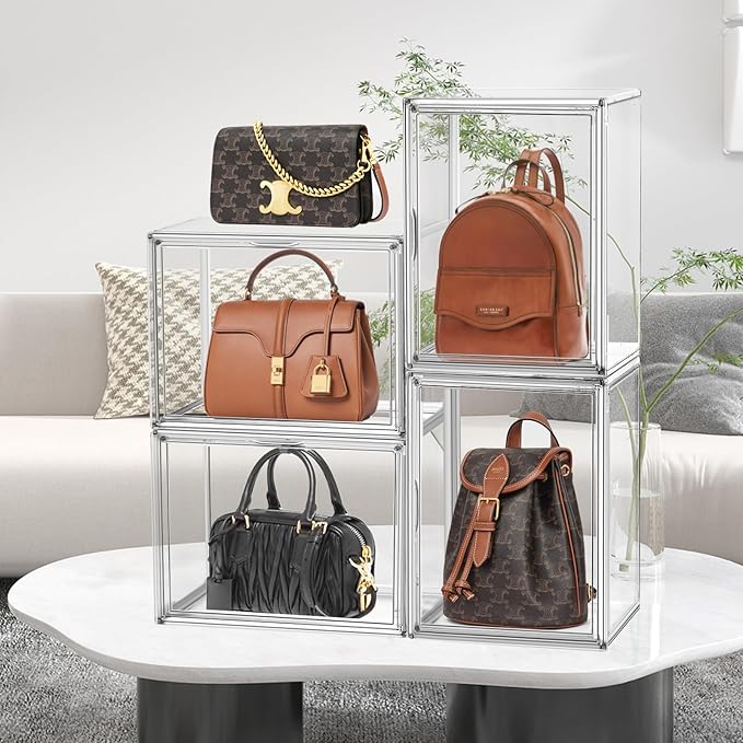 10 Pack Acrylic Shoe Box Size 14, X-Large Purse Handbag Organizer Clear Sneaker Display Case Boot Storage Box Transparent Stackable Storage Bins with Magnetic Lids