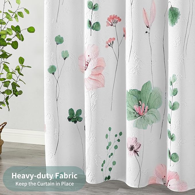 QiyI Watercolor Floral Shower Curtain, 3D Embossed Butterflies Sage Green Botanical Bathroom Curtain, Pink Flowers Cloth Bath Curtain, Waterproof Fabric Textured Shower Curtain Set with Hooks, 72x72