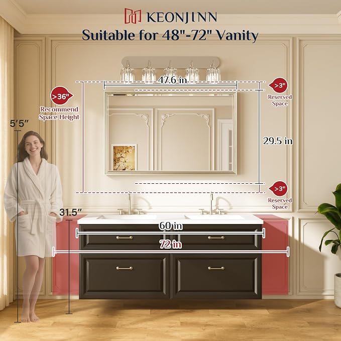 Keonjinn 48" x 30" Brushed Nickel Bathroom Mirrors