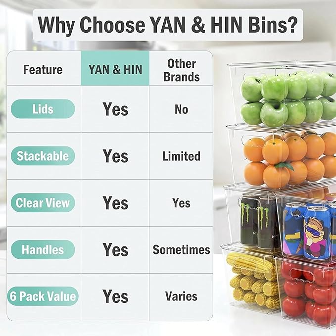 YAN & HIN 8 Pack Clear Storage Bins with Lids, Stackable Plastic Organizer Bins with Handles, Pantry Organizers and Storage for Kitchen Cabinet, Fridge, Bathroom, Closet and Shelf Organization