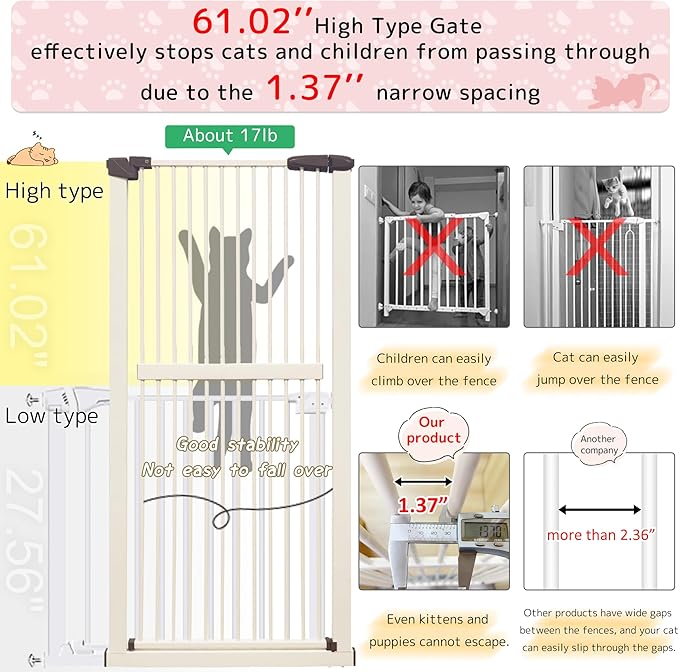 Lumizone Extra Tall Cat Gate 61.02" High Pressure Mounted Extra Wide 38.39"-59.24" (17Sizes) 1.37" Gap No Drilling Auto-Close Tall Pet Gate for Dogs (Cream, 30.12"-59.24" W)