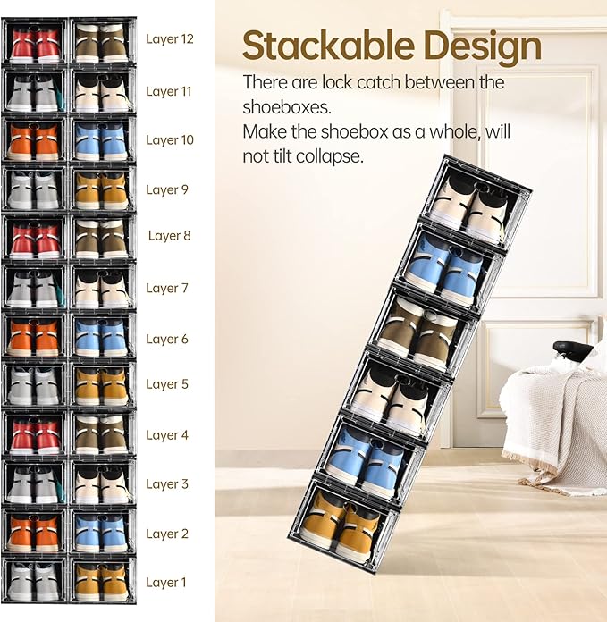 10 Pack Shoe Boxes Stackable,Upgraded Sturdy Storage Boxes with Clear Magnetic Door,Multifunctional Sneaker Organizer Fit up to US Size 12 (13.8”x 9.84”x 7.1”)