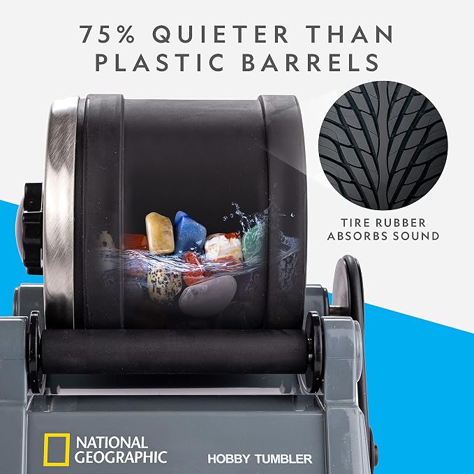 National Geographic Hobby Rock Tumbler Kit for Kids and Adult Beginners | Leak-Proof Barrel, 7-Day Timer, Rough Gemstones, 4-Stage Grit, GemFoam Polish, Jewelry Settings, Geology Hobby