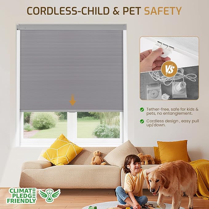 Grandekor No Drill No Tools Cordless Cellular Shades, UV Protection Privacy No