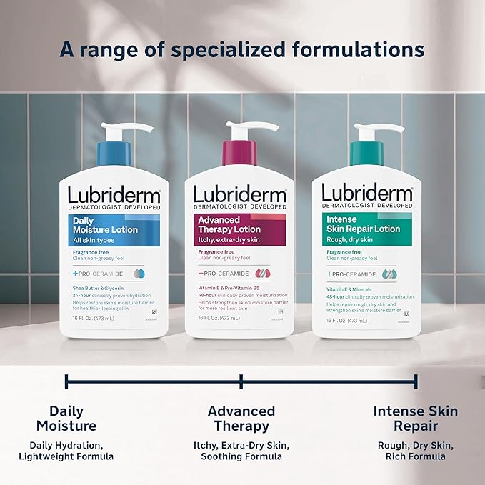 Lubriderm Advanced Therapy Fragrance Free Moisturizing Hand & Body Lotion + Pro-Ceramide, Intense Hydration for Itchy, Extra Dry, & Sensitive Skin, Non-Greasy, Hypoallergenic, 16 fl. oz