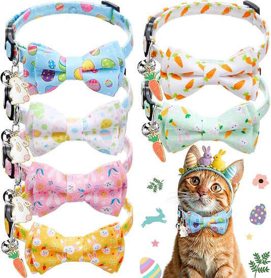 Hsei 6 Pcs Easter Cat Collar Bulk with Bow Tie Bell Spring Easter Eggs Carrots Bunny Rabbit Kitten Adjustable Breakaway Bowtie Collar for Boy Girl Cats Small Dog Pet Holiday Party Favors Gifts