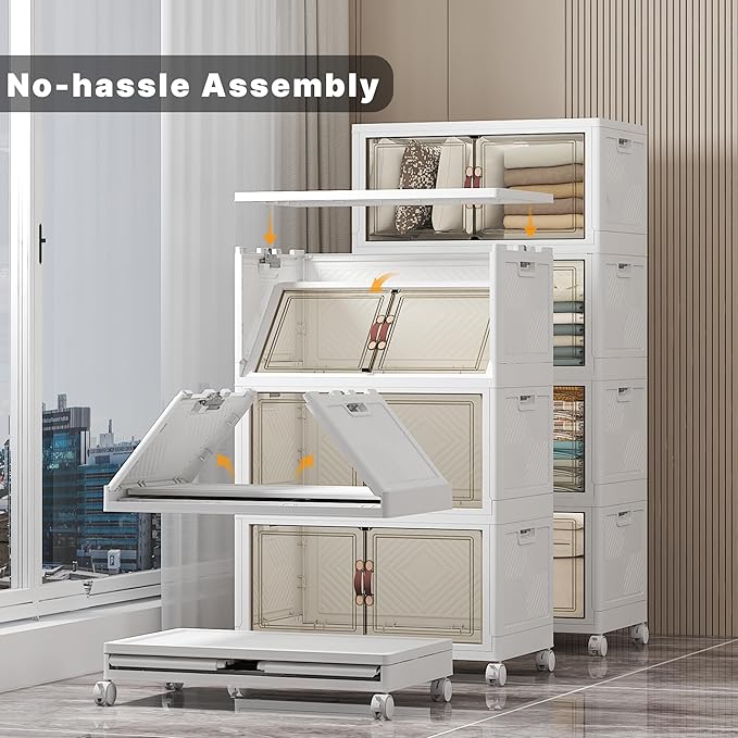 Extra Large Stackable Storage Bins with Lids & Wheels & Door, 896QT-112QT/28GAL*8Pack Foldable Collapsible Closet Organizers, Plastic containers drawers for bedroom Dorm