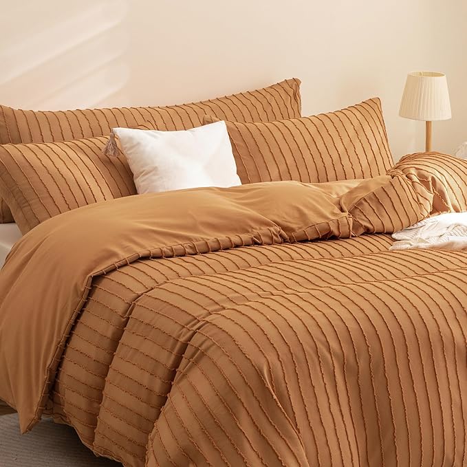 JELLYMONI Duvet Cover Full Size Rust - 3PCS Boho Striped Duvet Cover Set Polyester Tufted Bohemian Textured Comforter Cover 80×90in with Corner Ties & Zipper and 2 Pillowcases