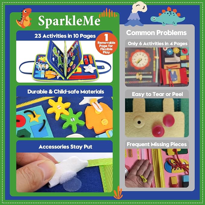 Toddler Sensory Busy Board: Travel Toy Activity Book for Girls Boys, Motor Skill Development Gift for Baby Aged 3-4 Years, Fine Educational Preschool Montessori Learning Toy for Car Airplane Dinosaur