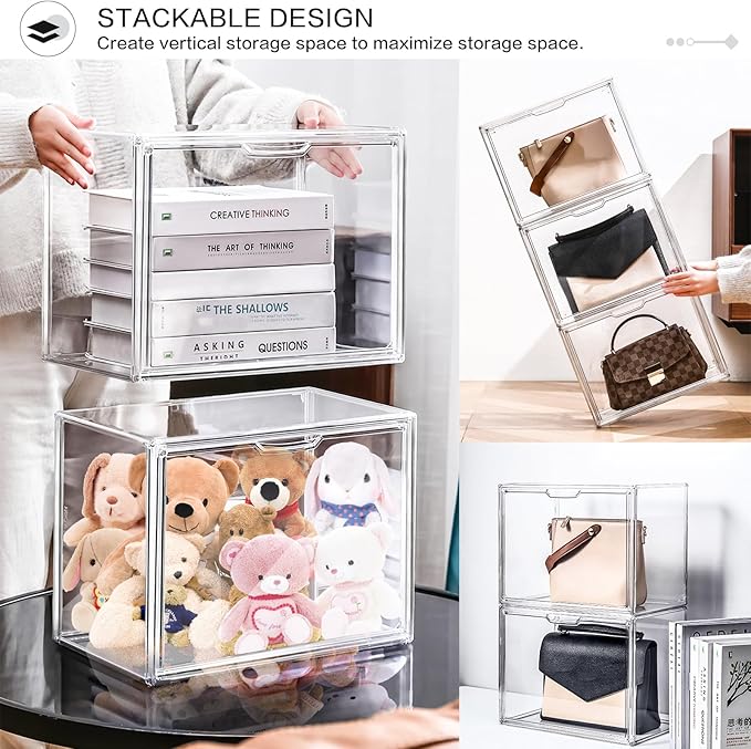 DILIBRA Set of 4 Plastic Purse Storage Organizer for Closet, Acrylic Display Case for Purse and Handbag, Stackable Storage Boxes Organizer with Magnetic Door for Clutch Wallet Book Toys