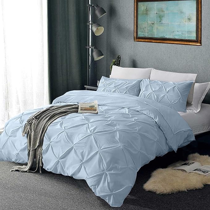 Pinch Pleated Duvet Cover Set 100% Brushed Microfiber 3PC Super King Plus Size 120x120 Duvet Cover Set, Decorative Pinch Design Sky Blue Duvet Cover with Matching Pillow Case