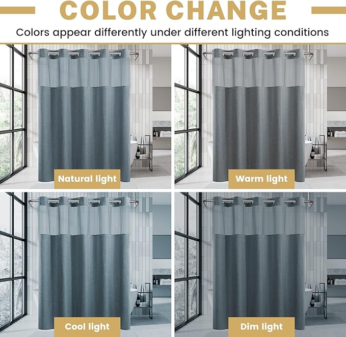 No Hook Dusty Blue Shower Curtain and Liner, Linen-Look Polyester Textured Shower Curtain with Snap in Liner, Waterproof & Washable Bath Curtains for Bathroom, 71Wx74H