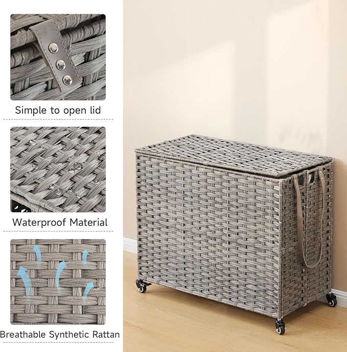 Laundry Hamper with Wheels, 52.8 Gallon(200L) Rolling Laundry Basket with Lid, Removable Large 3 Color Liners & 3 Mesh Laundry Bags, Clothes Hamper with Side Pocket, Grey