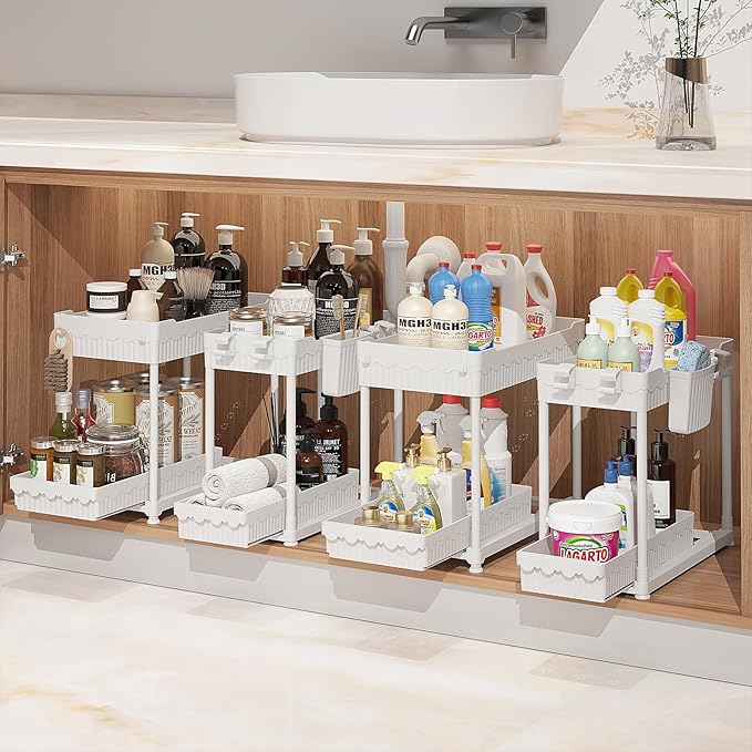 Sevenblue Under Sink Organizer, Bathroom Organizers and Storage, 2 Tier Multi-Use Pull Out Cabinet Organizer with Hang Hooks and Cups (White, 4 Pack)