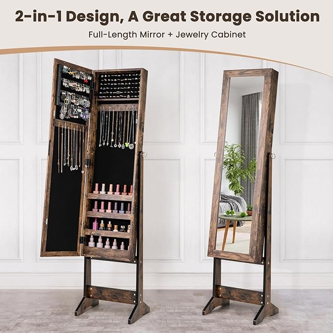 COSTWAY Jewelry Armoire Cabinet, Standing Jewelry Organizer with Full-length Mirror & 3 Adjustable Angles, Large Storage Capacity Jewelry Cabinet for Bedroom, Dressing Room (Brown)