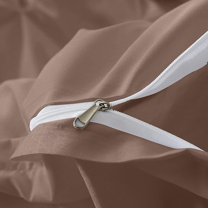 Pinch Pleated Duvet Cover Set 100% Cotton 3PC Queen Size 90x90 Duvet Cover Set, Decorative Pinch Design Taupe Duvet Cover with Matching Pillow Case