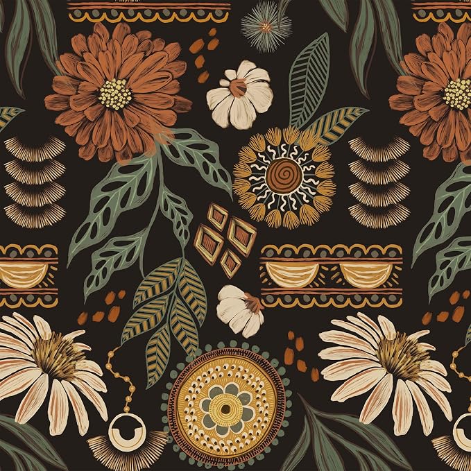 JiffDiff Boho Peel and Stick Wallpaper Vintage Floral Wall Paper Removable Sun