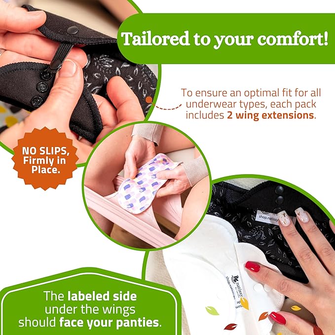 Non-Slip Organic Reusable Period Pads for Heavy Flow & Incontinence (L+XL, 6-Pack); High-Temp Viscose Washable Cloth Pads for Women; Non-Irritating, Soft Reusable Pad Menstrual for Comfortable Care