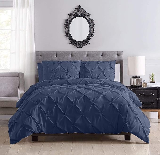 Pinch Pleated Duvet Cover Set 100% Brushed Microfiber 3PC Calking Size 98x104 Duvet Cover Set, Decorative Pinch Design Navy Blue Duvet Cover with Matching Pillow Case