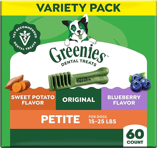 Greenies Veterinarian-Recommended Adult Natural Dental Dog Treats Petite Size, Variety Pack Flavor, (3) 12 oz. Packs, 60 Count