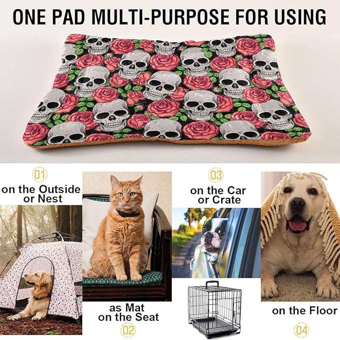Gothic Skull Roses Pet Bed Cute Dog Bed Mat Absorbing Non Slip Pad Pet Sleeping Mat for Small, Medium, and Large Dogs Puppy Cat 24 in x 18 in