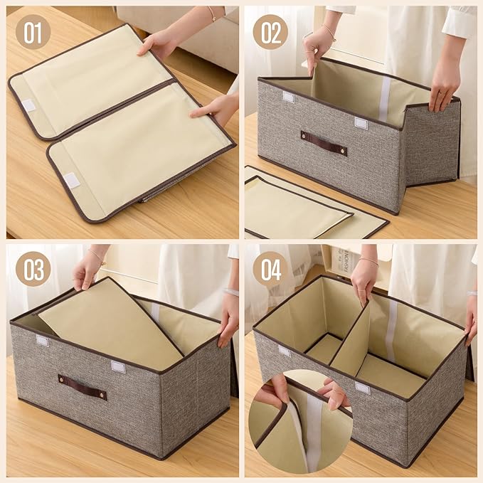 Linen Storage Boxes with Removable Dividers, 2-Pack Large Foldable Organizer Bins, Gray Fabric Containers with Handles for Clothes, Blankets, Underwear Storage (Grey, 2Pack*15L)