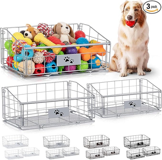 Mimorou 3 Pack Metal Dog Toy Baskets Multi-sized Foldable Dog Toy Bins Box Storage Container Organizer for Living Room Area Decorative Pet Accessories Coat Clothing Storage Holder Baskets(Silver)