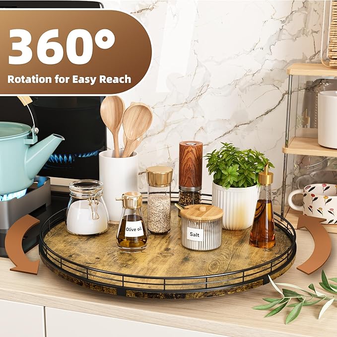 Lazy Susan Turntable Organizer for Table Top, 18’’ Round Wooden Lazy Susan for Cabinet Kitchen Countertop Pantry Dining Coffee Table for Condiments Spices, Rustic Bathroom Vanity Tray for Soap Candle