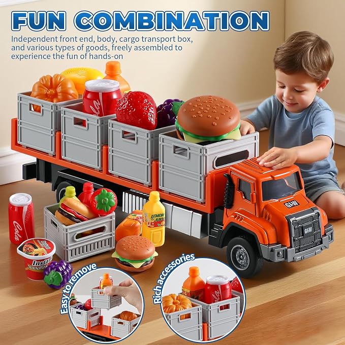Food Transport Truck Toy for Age 3-8 Kids – Alloy Vehicles Head 1:55 Goods Trailer with Cargo Box and Food Model, Lights & Sounds (Transport Truck Orange)